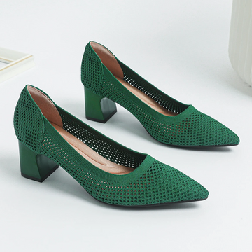 Scarpin Salto Bloco Confortável em Malha Tricô - Jade