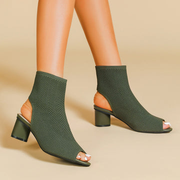 Bota Peep Toe Salto Bloco Malha Tricô Confortável - Regina