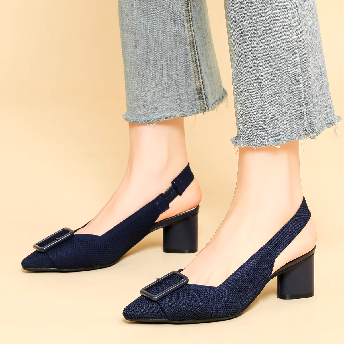 Slingback Salto Bloco Malha Tricô Confortável - Isabella