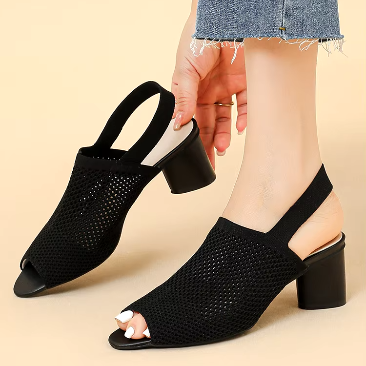 Sandália Peep Toe Salto Bloco Malha Tricô Confortável - Izabel