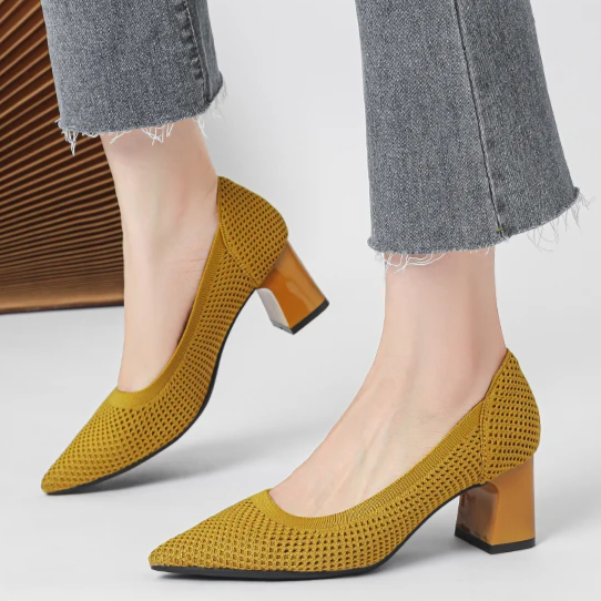 Scarpin Salto Bloco Confortável em Malha Tricô - Jade