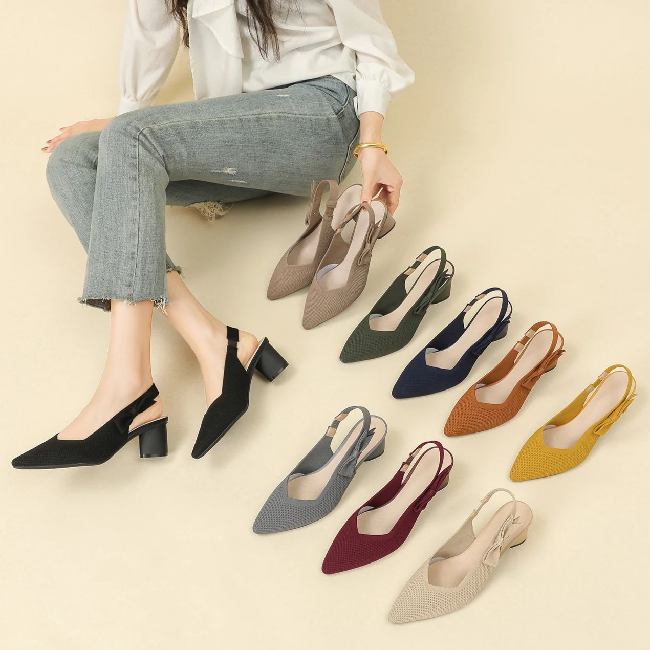 Slingback Salto Bloco em Malha Tricô Confortável – Valenne