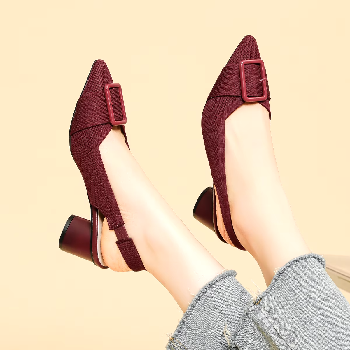 Slingback Salto Bloco Malha Tricô Confortável - Isabella