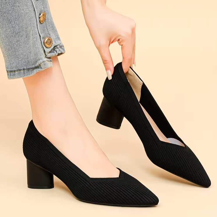 Scarpin Salto Bloco Confortável em Malha Tricô - Hazel