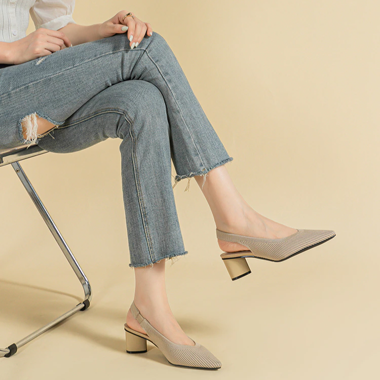 Slingback Salto Bloco Malha Tricô Confortável - Audrey