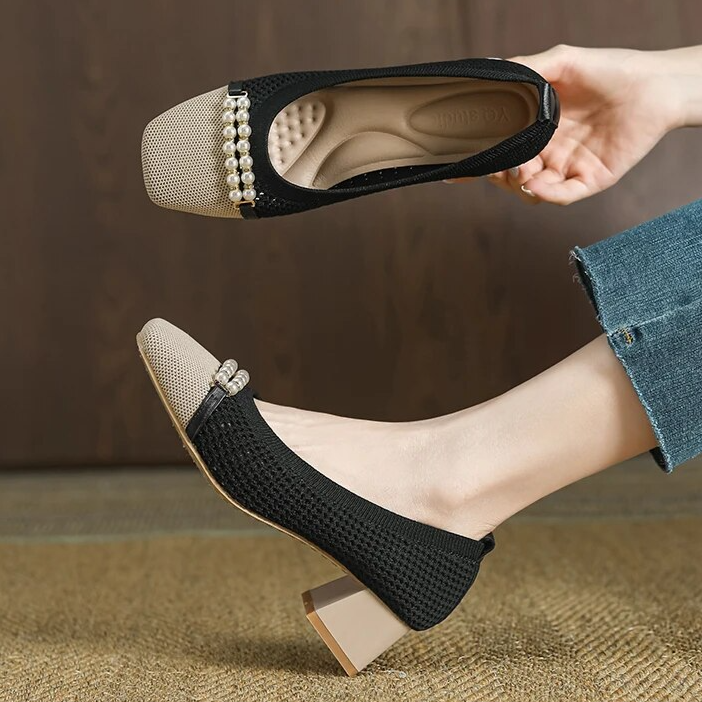 Scarpin Salto Bloco Confortável Malha Tricô - Antonela