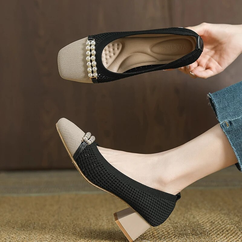 Scarpin Salto Bloco Confortável Malha Tricô - Antonela