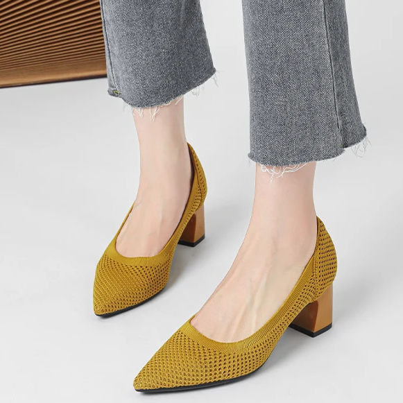 Scarpin Salto Bloco Confortável em Malha Tricô - Jade