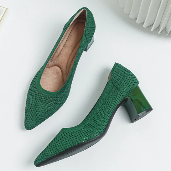 Scarpin Salto Bloco Confortável em Malha Tricô - Jade
