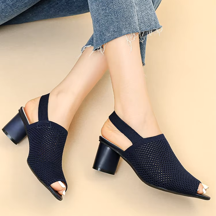 Sandália Peep Toe Salto Bloco Malha Tricô Confortável - Izabel