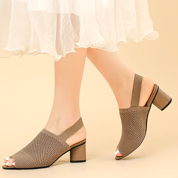 Sandália Peep Toe Salto Bloco Malha Tricô Confortável - Izabel