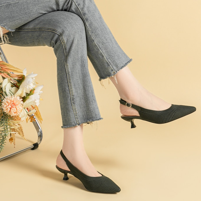 Slingback Salto Kitten Malha Tricô Confortável - Josiane