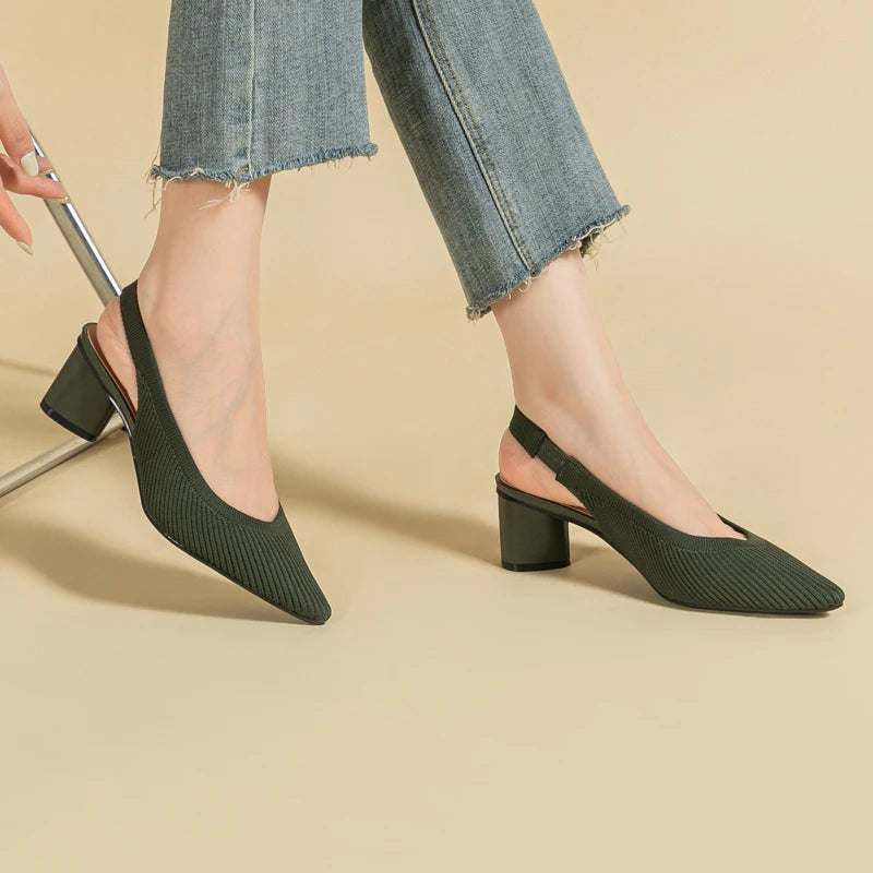 Slingback Salto Bloco Malha Tricô Confortável - Audrey
