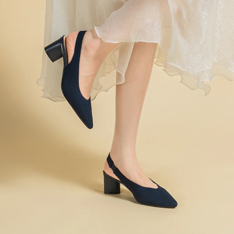 Slingback Salto Bloco Malha Tricô Confortável - Audrey