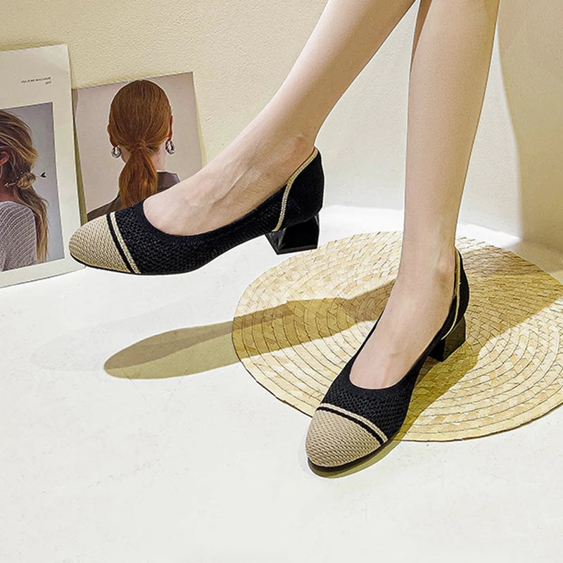 Scarpin Salto Bloco Confortável em Malha Tricô - Alisha