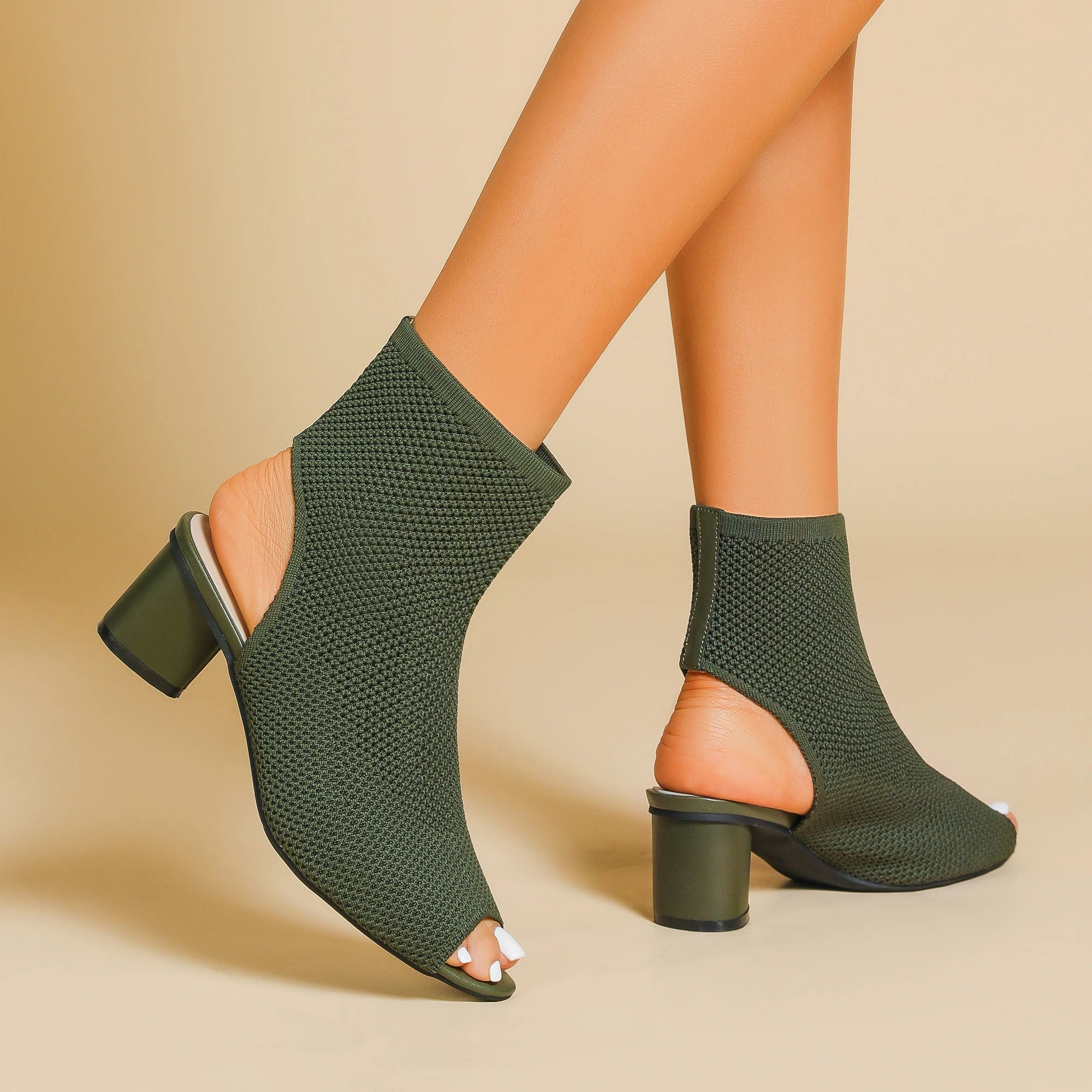 Bota Peep Toe Salto Bloco Malha Tricô Confortável - Regina