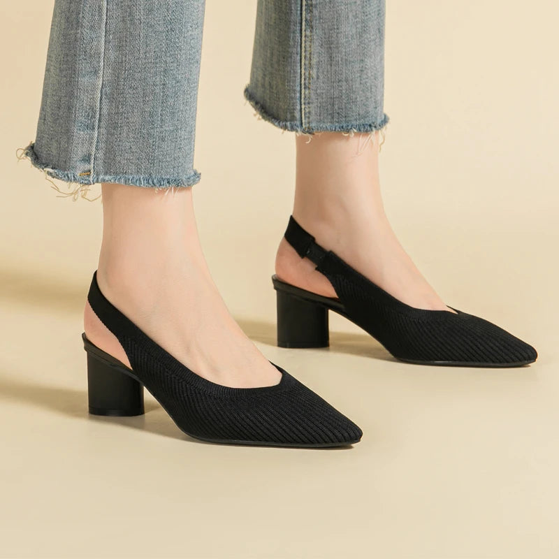 Slingback Salto Bloco Malha Tricô Confortável - Audrey