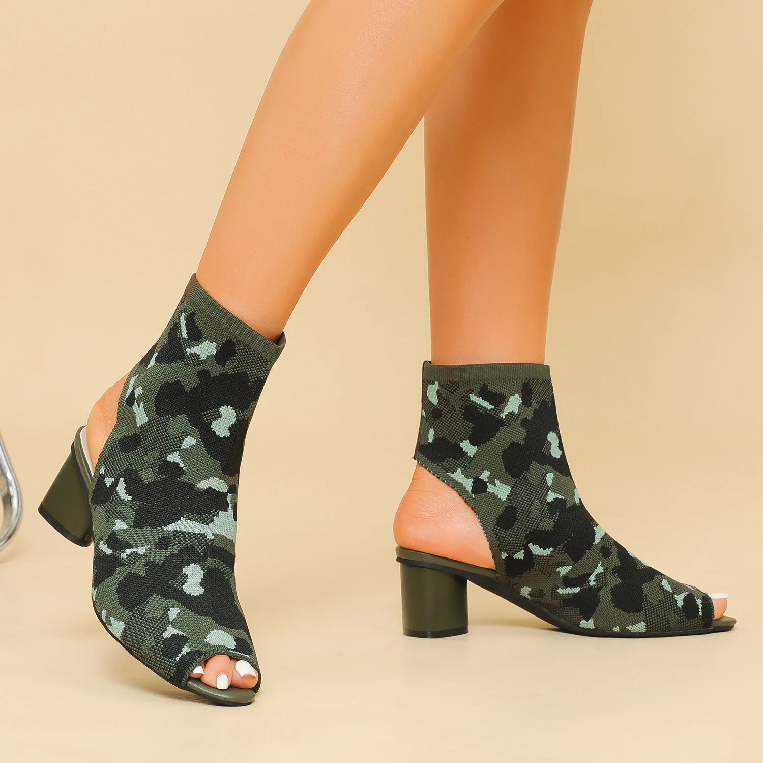 Bota Peep Toe Salto Bloco Malha Tricô Confortável - Regina