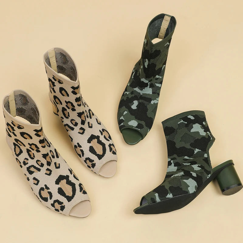 Bota Peep Toe Salto Bloco Malha Tricô Confortável - Regina