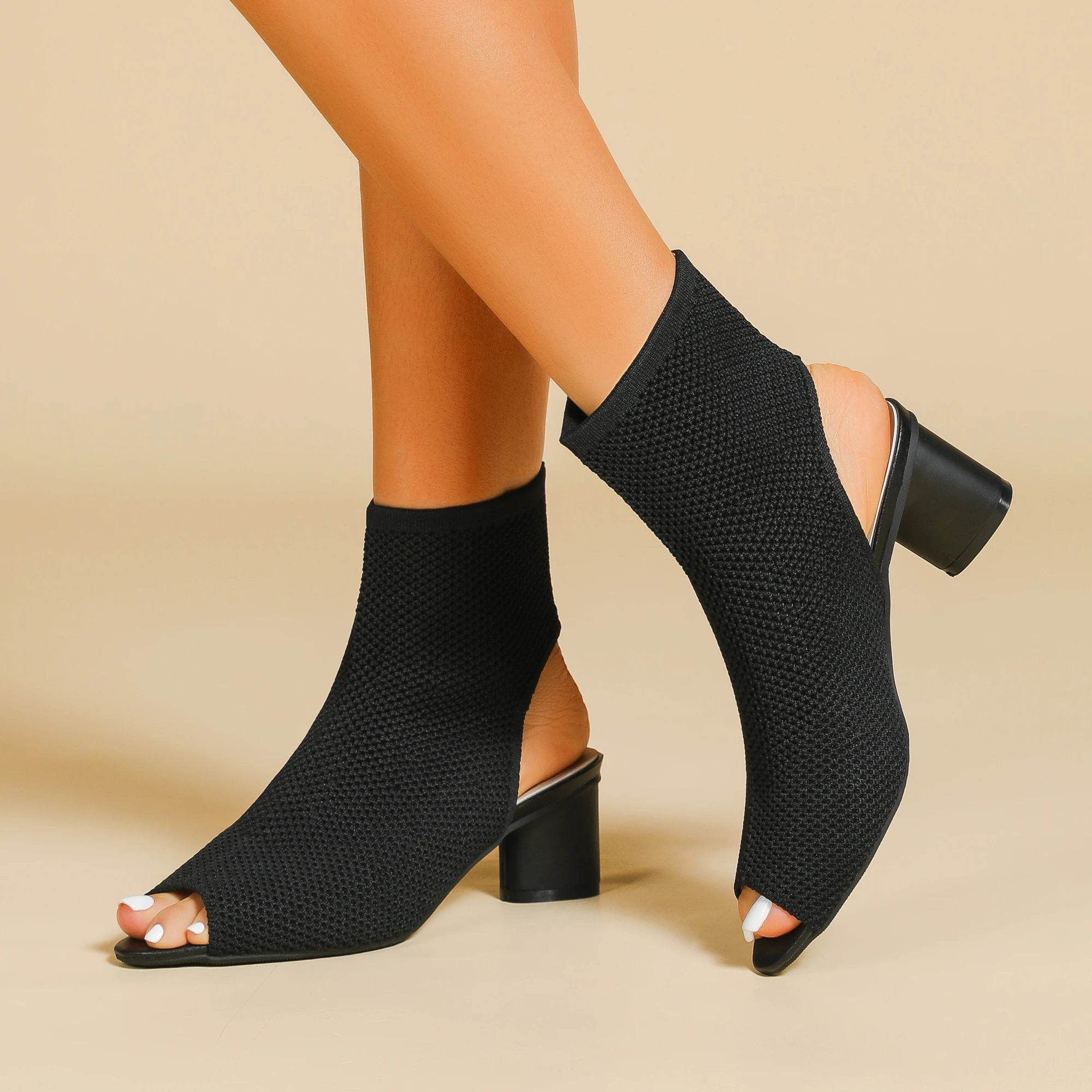 Bota Peep Toe Salto Bloco Malha Tricô Confortável - Regina