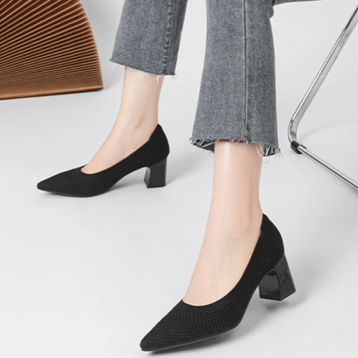 Scarpin Salto Bloco Confortável em Malha Tricô - Jade