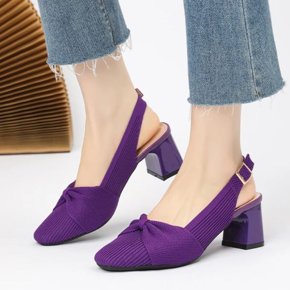 Slingback Salto Bloco Malha Tricô Confortável - Angelita
