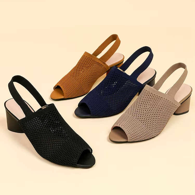 Sandália Peep Toe Salto Bloco Malha Tricô Confortável - Izabel