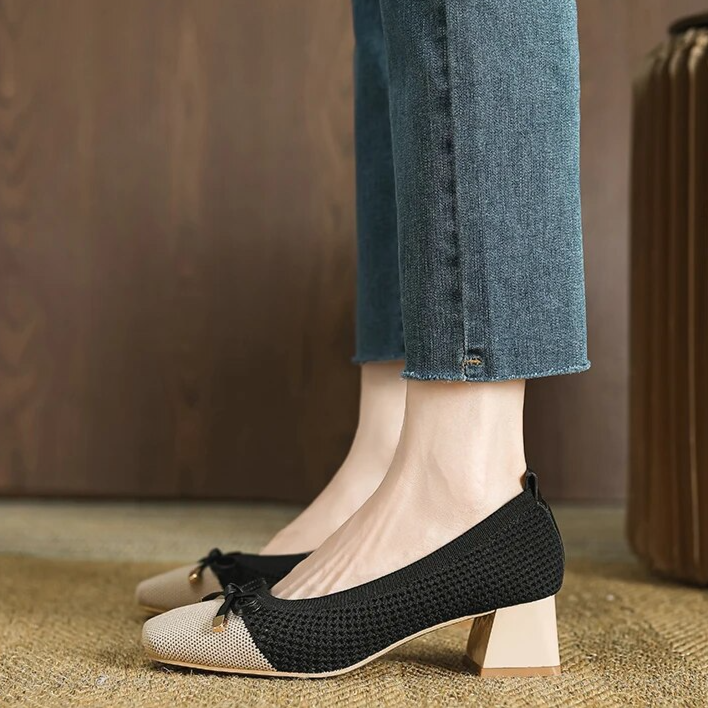 Scarpin Salto Bloco Confortável Malha Tricô - Antonela