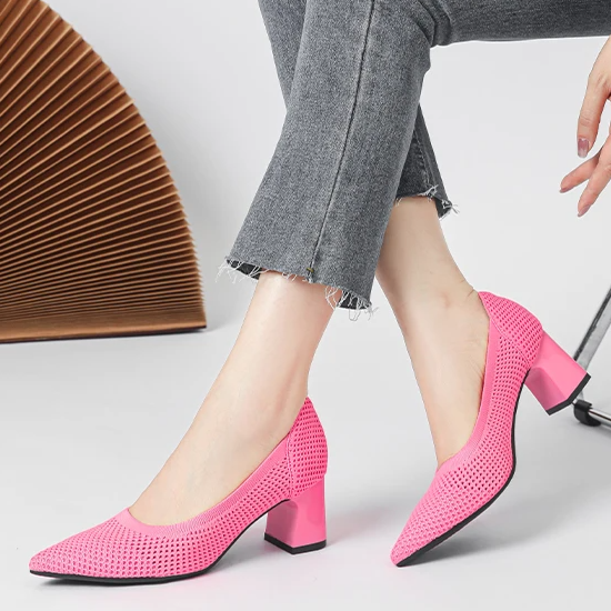 Scarpin Salto Bloco Confortável em Malha Tricô - Jade