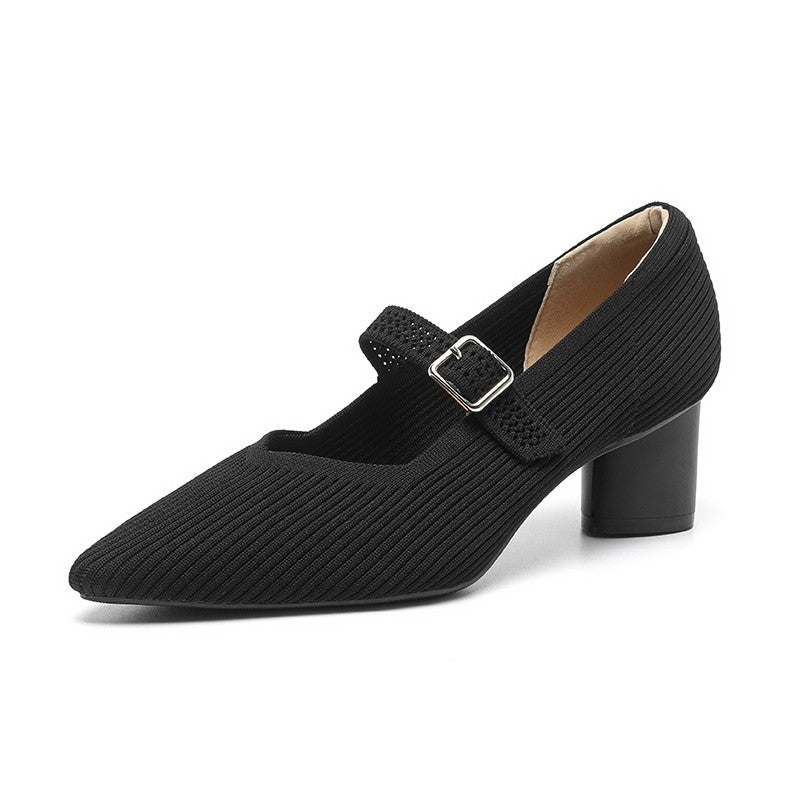 Sapato Mary Jane Salto Bloco Confortável em Malha Tricô - Taryn