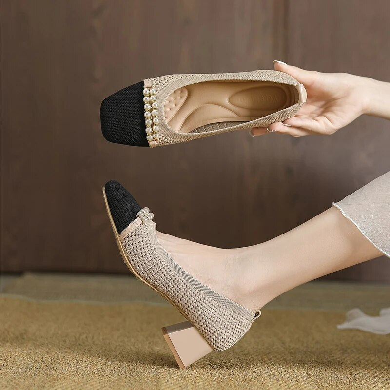 Scarpin Salto Bloco Confortável Malha Tricô - Antonela