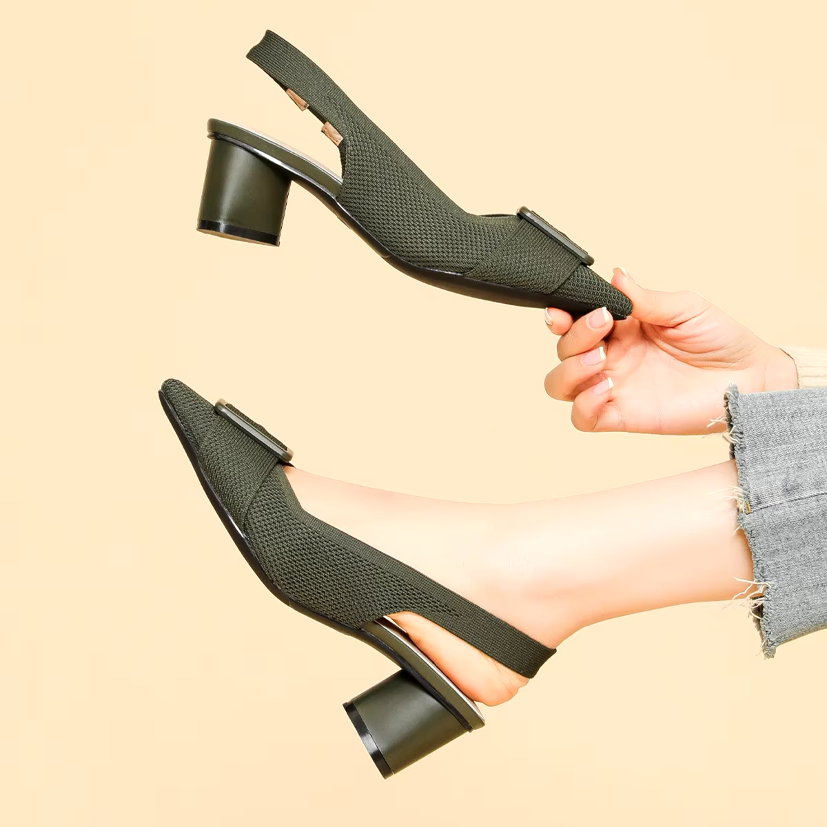 Slingback Salto Bloco Malha Tricô Confortável - Isabella
