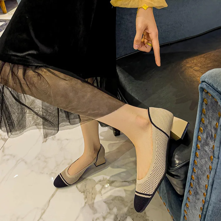 Scarpin Salto Bloco Confortável em Malha Tricô - Alisha