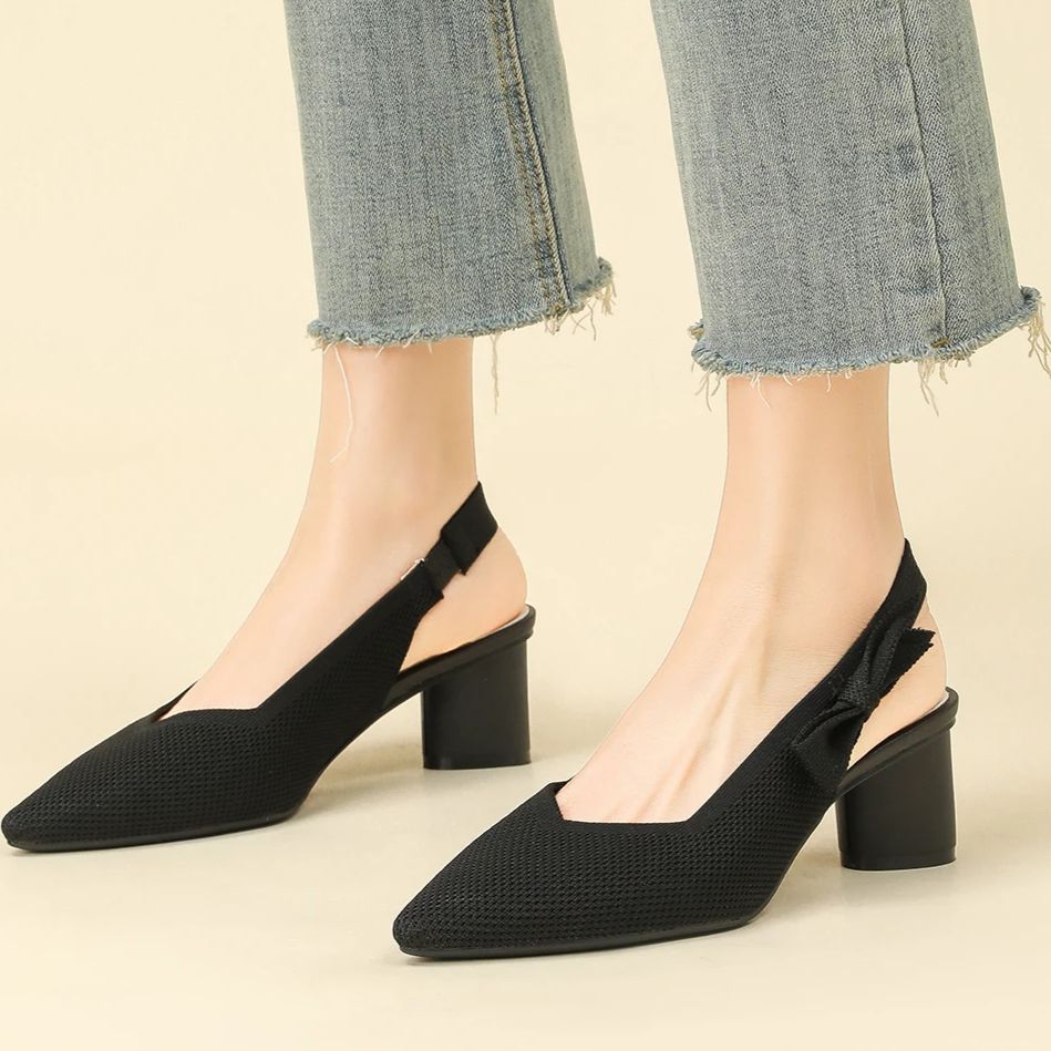 Slingback Salto Bloco em Malha Tricô Confortável – Valenne